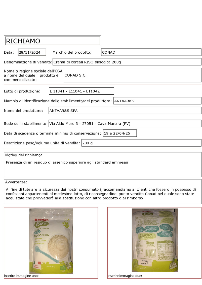 "Allerta arsenico: ritirato lotto di crema di cereali biologica da supermercati italiani! Scopri i dettagli per la tua sicurezza."