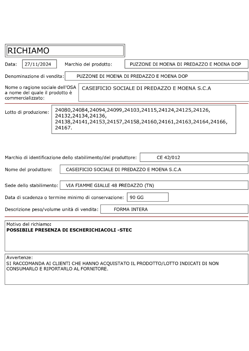 Formaggio richiamo Ministero Salute