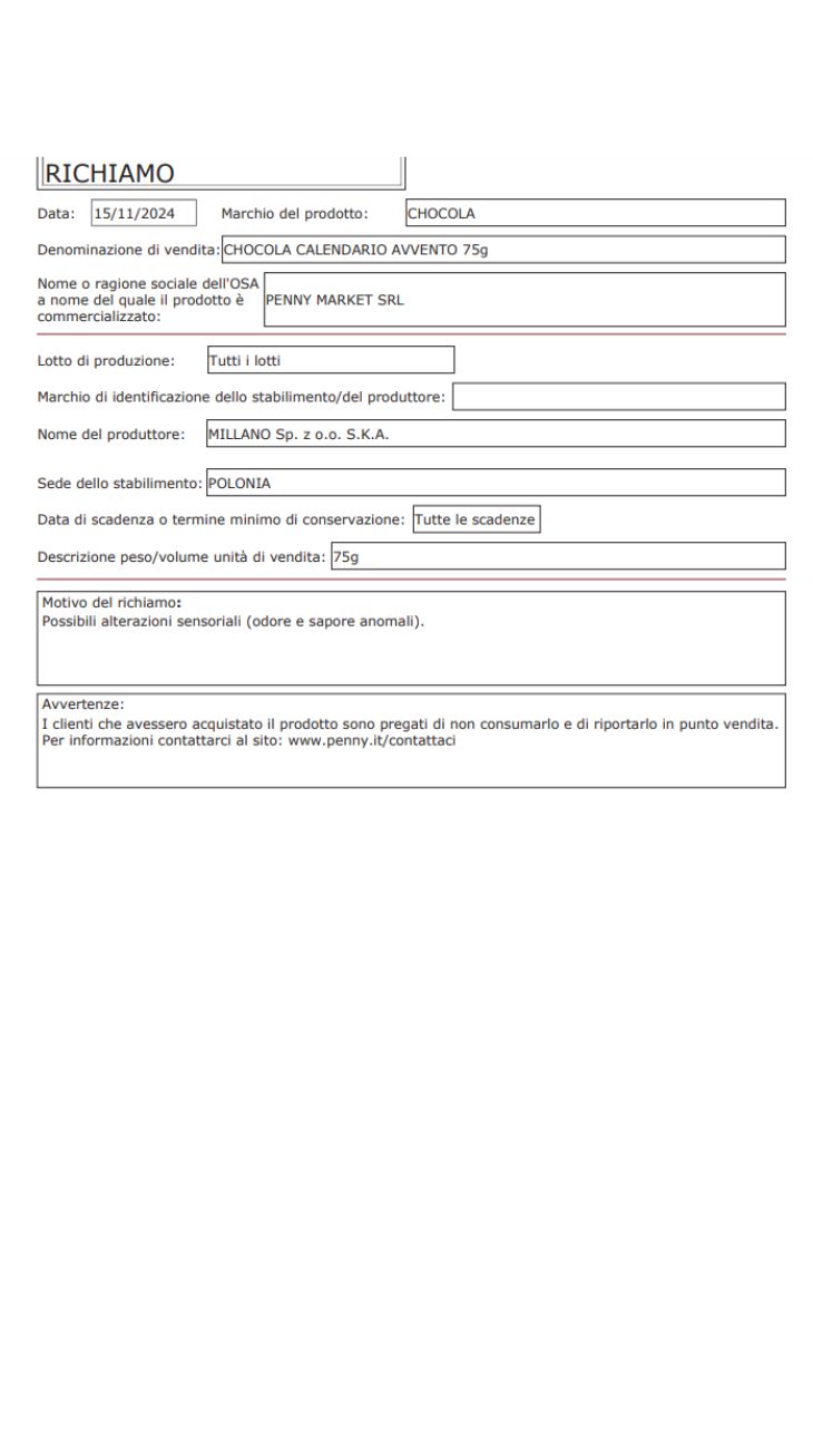 Cioccolato lotti ritirati