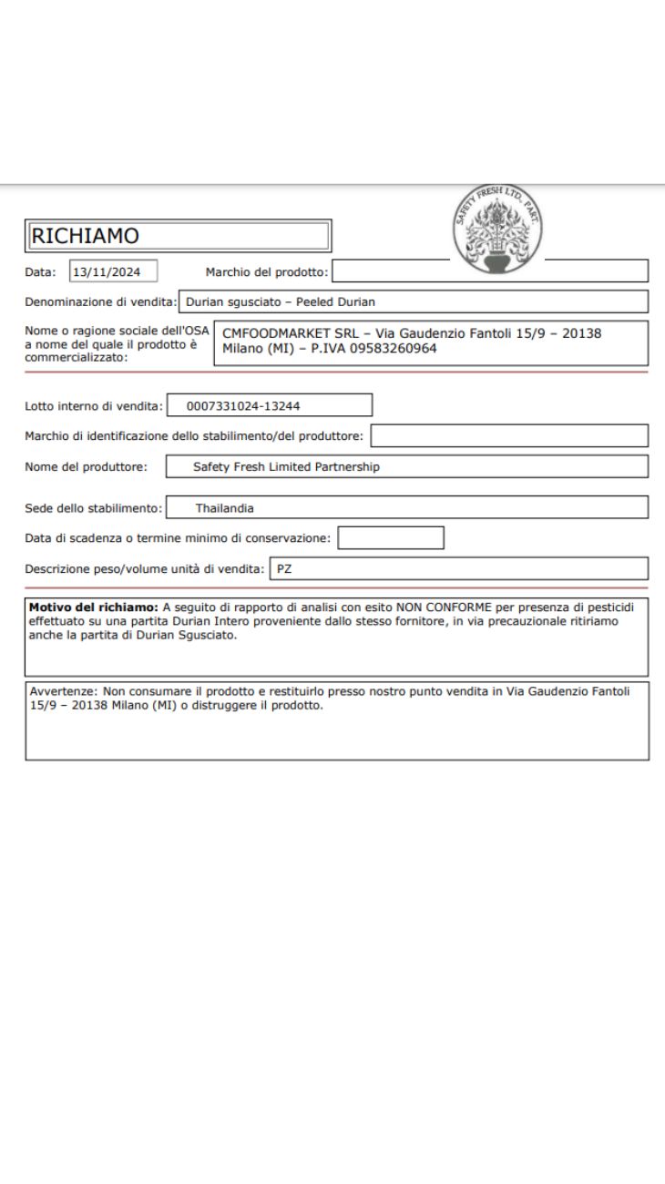 Frutta richiamo Ministero