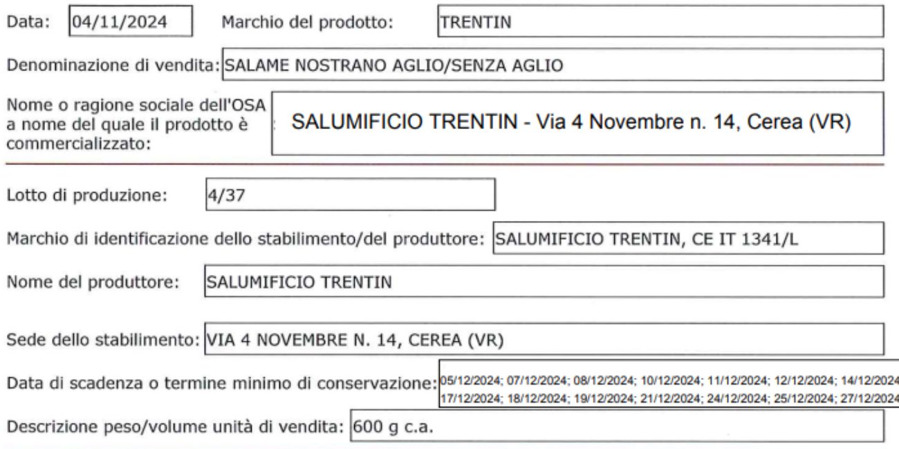 Salame ritirato dal commercio: rilevata la presenza di due batteri