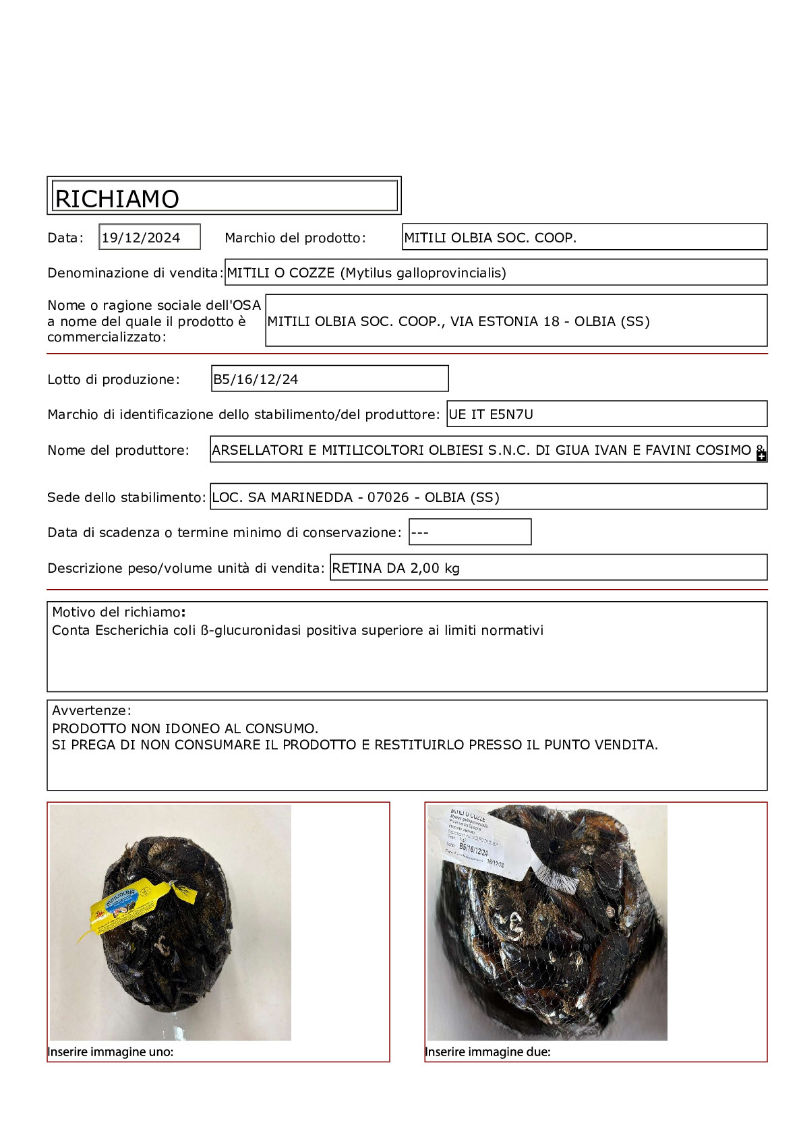 Frutti mare lotti ritirati