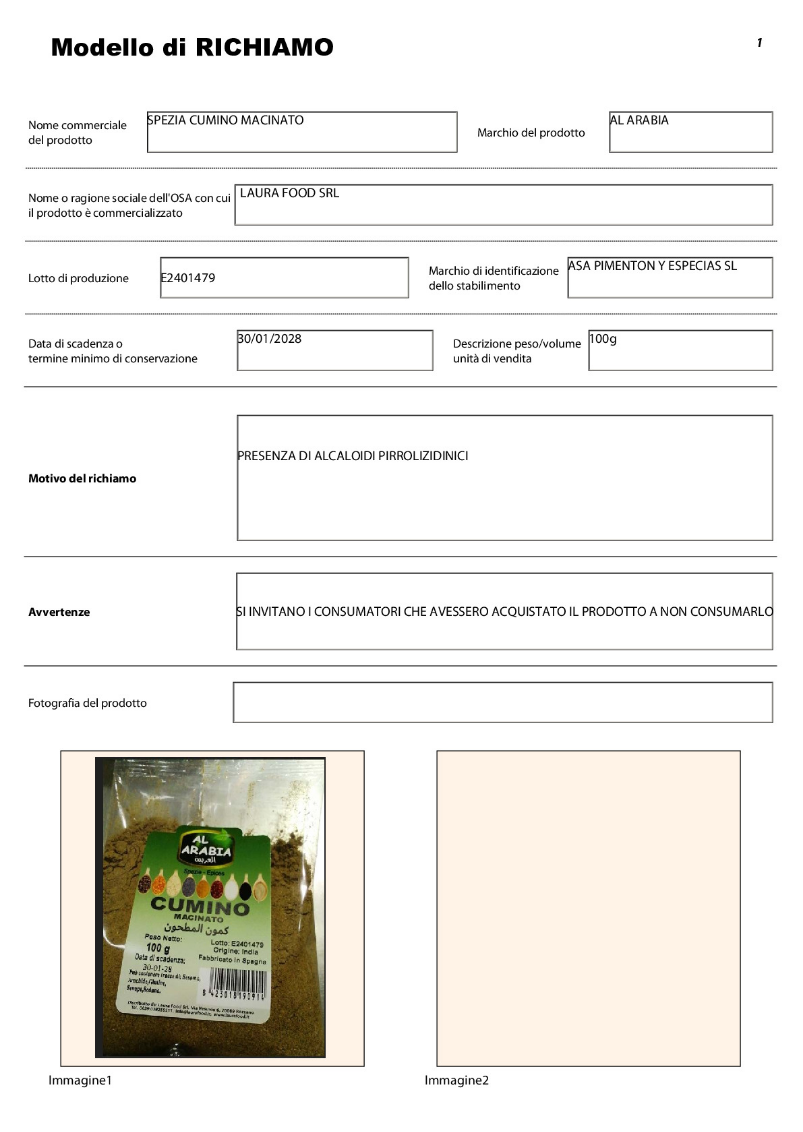 Spezie lotto ritirato