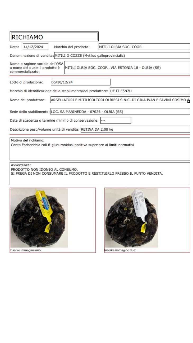 Cozze lotto ritirato