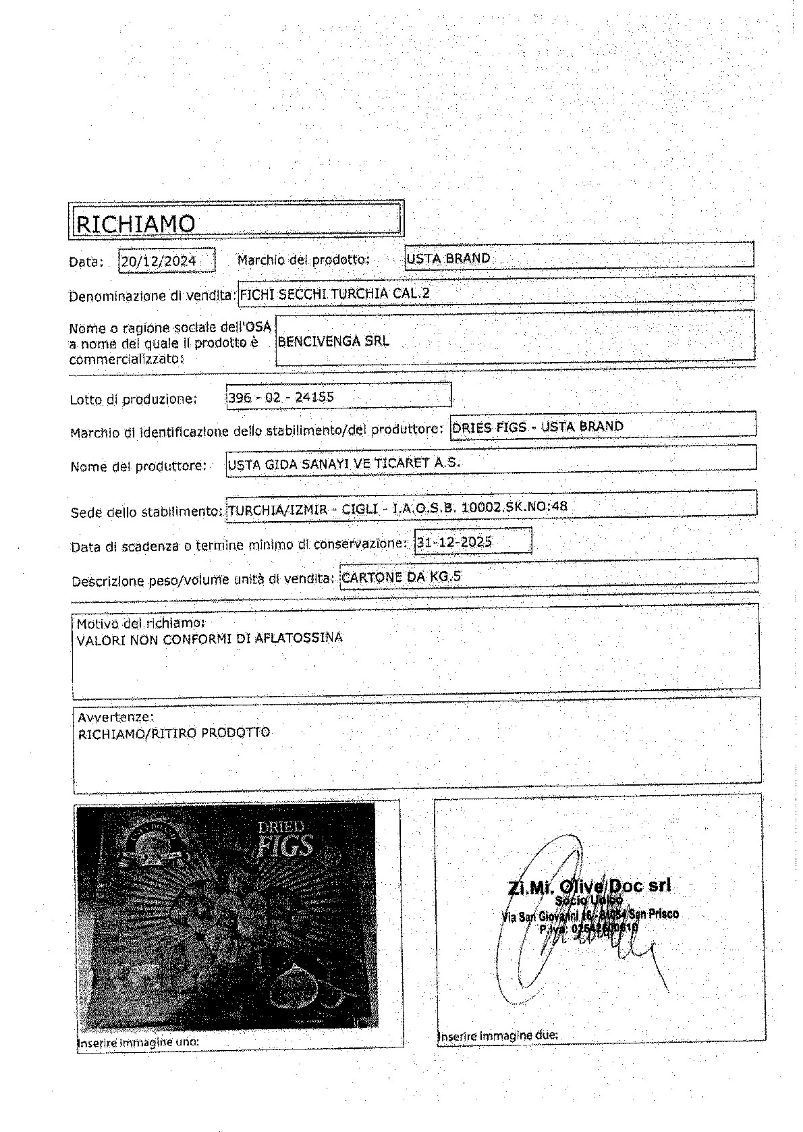 Frutta essiccata lotto ritirato