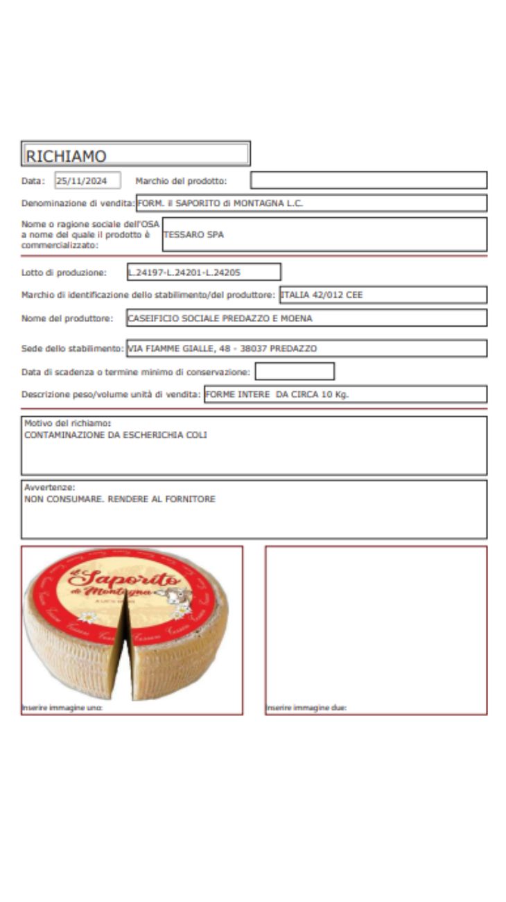 Formaggi richiamo Ministero Salute