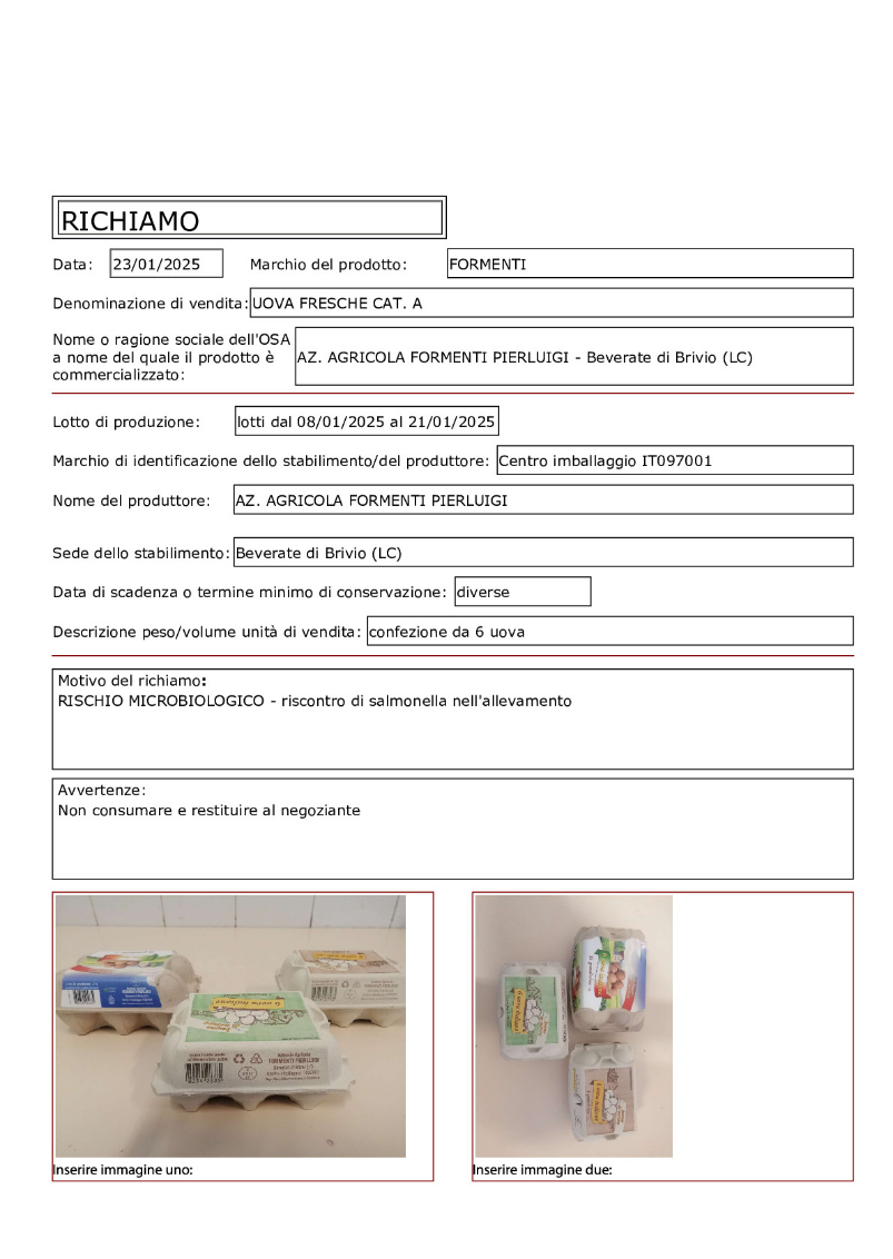 Uova allarme salmonella